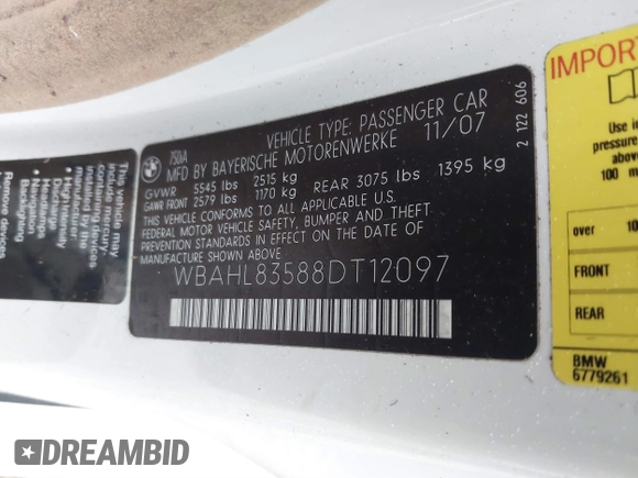 2008 BMW 7 Series 750i with VIN WBAHL83588DT12097, listed as a IAAI auction lot 41553816 with 110,672 mi miles and . Bid and sale history available at DreamBid. Image 9.