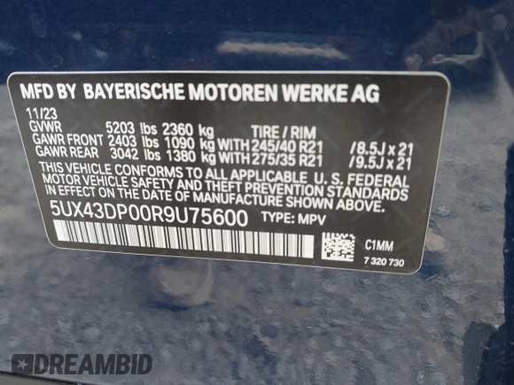 2024 BMW X3 sDrive30i z VIN 5UX43DP00R9U75600, wystawiony jako IAAI lot #42072731 z przebiegiem Nie podano mil oraz . Historia ofert i sprzedaży dostępna na DreamBid. Obrazek 9.