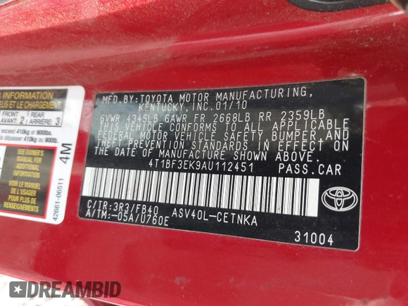 2010 Toyota Camry with VIN 4T1BF3EK9AU112451, listed as a IAAI auction lot 42095173 with 223,325 mi miles and . Bid and sale history available at DreamBid. Image 9.