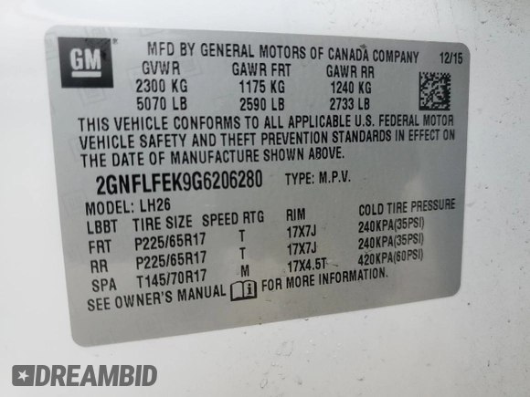 2016 Chevrolet Equinox LT with VIN 2GNFLFEK9G6206280, listed as a Copart auction lot 52895575 with 179,747 mi miles and Salvage Title. Bid and sale history available at carsss.com. Image 14.