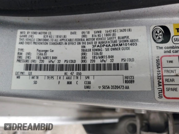 2019 Ford Fiesta S with VIN 3FADP4AJ8KM101403, listed as a Copart auction lot 59388525 with 92,746 mi miles and Non repairable. Bid and sale history available at DreamBid. Image 12.