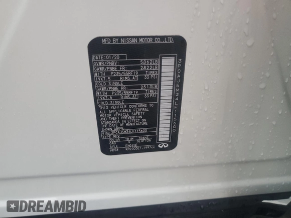 2020 Infiniti QX50 Essential with VIN 3PCAJ5M34LF115600, listed as a Copart auction lot 78370384 with 39,246 mi miles and Non Repairable. Bid and sale history available at DreamBid. Image 14.