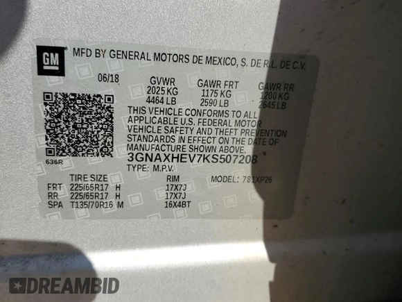 2019 Chevrolet Equinox LS z VIN 3GNAXHEV7KS507208, wystawiony jako Copart lot #52557065 z przebiegiem 119 425 mil mil oraz Szkoda całkowita • Salvage title. Historia ofert i sprzedaży dostępna na DreamBid. Obrazek 13.