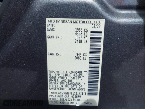2022 Nissan Altima 2.5 SR with VIN 1N4BL4CV7NN421311, listed as a IAAI auction lot 41776437 with 39,049 mi miles. Bid and sale history available at carsss.com. Image 9.