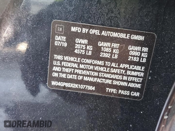 2019 Buick Regal Essence with VIN W04GP6SX2K1077564, listed as a Copart auction lot 45887915 with 33,664 mi miles and Salvage title. Bid and sale history available at DreamBid. Image 12.