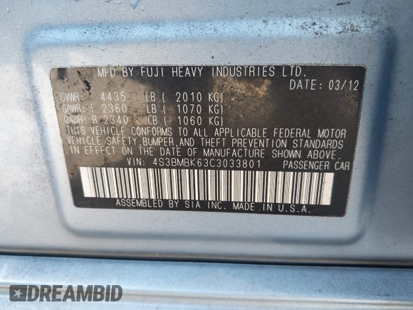 2012 Subaru Legacy Limited with VIN 4S3BMBK63C3033801, listed as a IAAI auction lot 42019292 with 121,690 mi miles and . Bid and sale history available at carsss.com. Image 9.