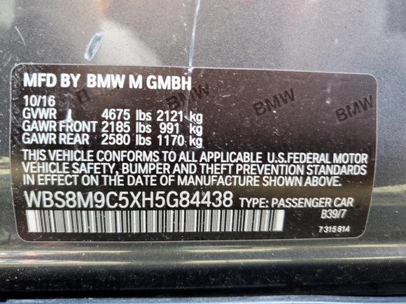 2017 BMW M3 with VIN WBS8M9C5XH5G84438, listed as a Copart auction lot 42153723 with 0 mi miles. Bid and sale history available at carsss.com. Image 13.
