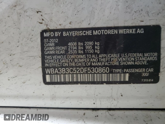 2013 BMW 3 Series 328i xDrive with VIN WBA3B3C52DF530860, listed as a Copart auction lot 53248425 with 154,254 mi miles and Salvage Title. Bid and sale history available at carsss.com. Image 12.