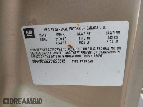 2005 Buick LaCrosse CX with VIN 2G4WC532751273312, listed as a IAAI auction lot 42489167 with 98,541 mi miles and . Bid and sale history available at DreamBid. Image 9.