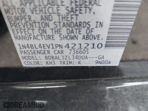 2023 Nissan Altima SL with VIN 1N4BL4EV1PN421210, listed as a IAAI auction lot 41700337 with 11,637 mi miles and . Bid and sale history available at DreamBid. Image 9.