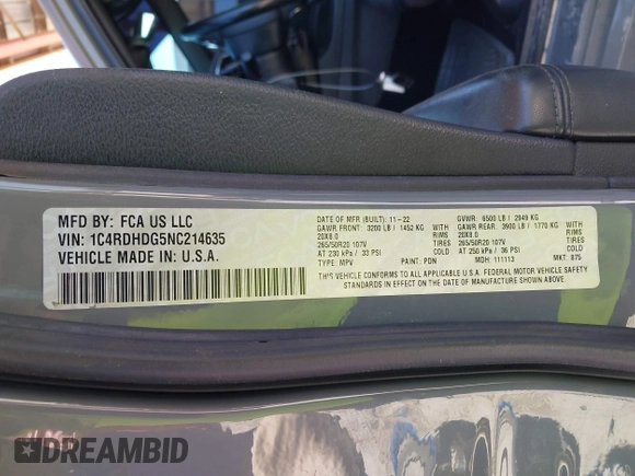 2022 Dodge Durango GT Plus with VIN 1C4RDHDG5NC214635, listed as a IAAI auction lot 41876807 with 113,423 mi miles and . Bid and sale history available at DreamBid. Image 9.