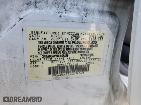 2011 Nissan Sentra SR with VIN 3N1AB6AP8BL696869, listed as a Copart auction lot 53553805 with 112,761 mi miles and Salvage Title. Bid and sale history available at DreamBid. Image 14.