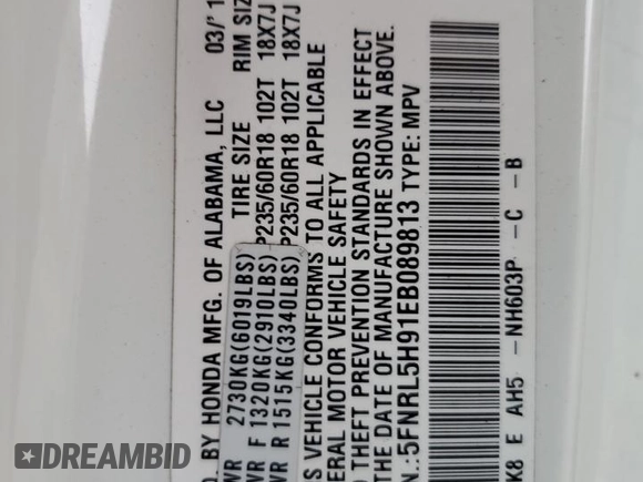 2014 Honda Odyssey Touring z VIN 5FNRL5H91EB089813, wystawiony jako Copart lot #58674275 z przebiegiem Nie podano mil oraz Szkoda całkowita • Salvage title. Historia ofert i sprzedaży dostępna na DreamBid. Obrazek 14.