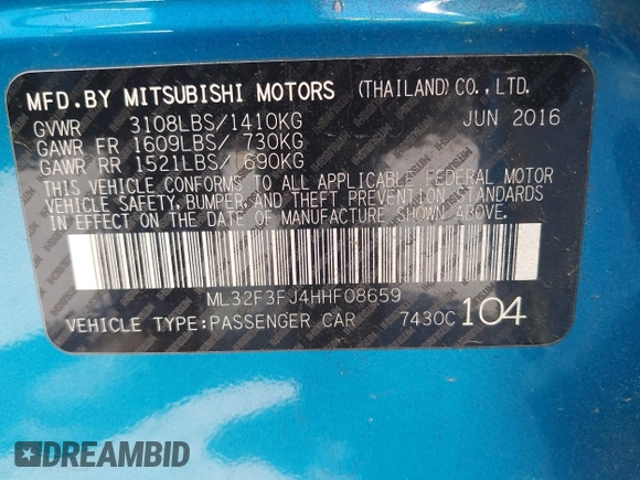 2017 Mitsubishi Mirage ES z VIN ML32F3FJ4HHF08659, wystawiony jako IAAI lot #42414448 z przebiegiem 57 265 mil mil oraz . Historia ofert i sprzedaży dostępna na DreamBid. Obrazek 9.