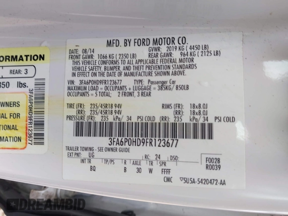2015 Ford Fusion SE with VIN 3FA6P0HD9FR123677, listed as a IAAI auction lot 42021493 with 166,446 mi miles and . Bid and sale history available at DreamBid. Image 9.
