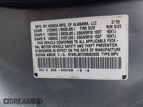2005 Honda Odyssey EX-L with VIN 5FNRL38725B065555, listed as a IAAI auction lot 42198453 with 175,544 mi miles. Bid and sale history available at carsss.com. Image 9.