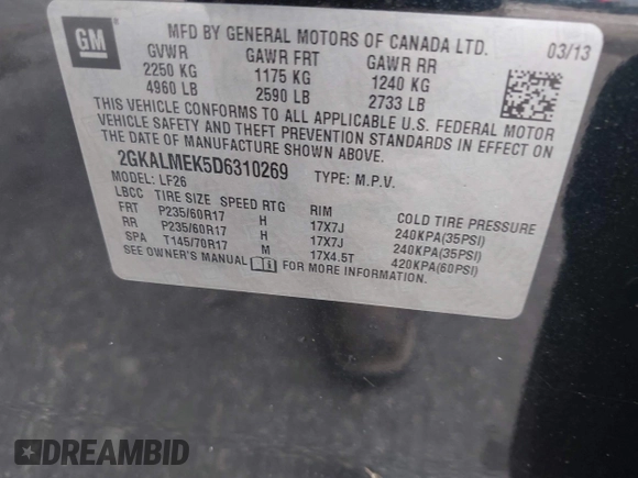 2013 GMC Terrain SLE with VIN 2GKALMEK5D6310269, listed as a IAAI auction lot 42628062 with 119,540 mi miles and . Bid and sale history available at DreamBid. Image 9.