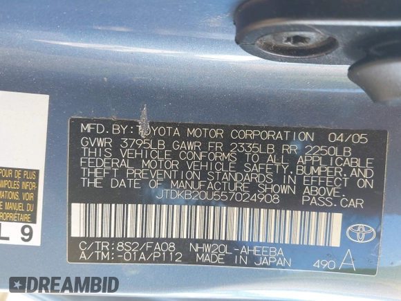 2005 Toyota Prius with VIN JTDKB20U557024908, listed as a IAAI auction lot 41743510 with 168,519 mi miles. Bid and sale history available at carsss.com. Image 9.