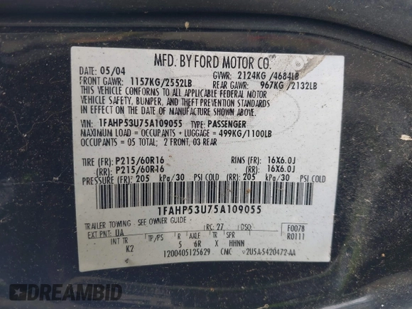 2005 Ford Taurus SE z VIN 1FAHP53U75A109055, wystawiony jako IAAI lot #42401043 z przebiegiem Nie podano mil oraz . Historia ofert i sprzedaży dostępna na DreamBid. Obrazek 9.