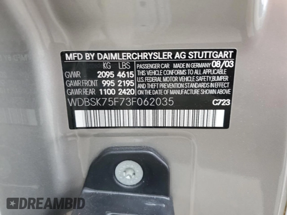 2003 Mercedes-Benz SL 500 с VIN WDBSK75F73F062035, выставлен на аукционе Copart как лот 56296375 с пробегом 46 156 миль миль и Списание • Salvage title. История ставок и продаж доступна на DreamBid. Изображение 12.