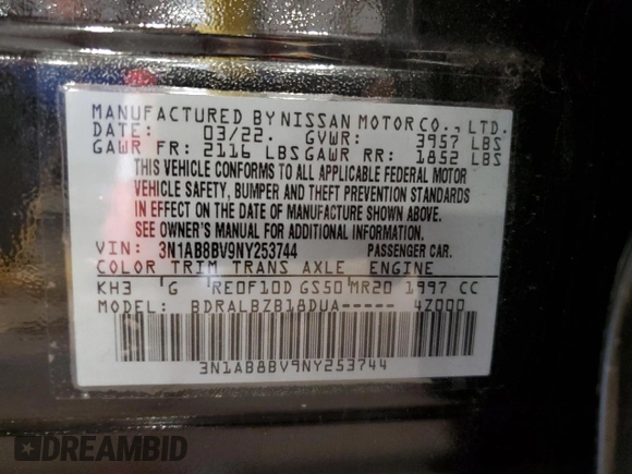 2022 Nissan Sentra S with VIN 3N1AB8BV9NY253744, listed as a Copart auction lot 51846025 with 40,243 mi miles and Salvage Title. Bid and sale history available at carsss.com. Image 13.