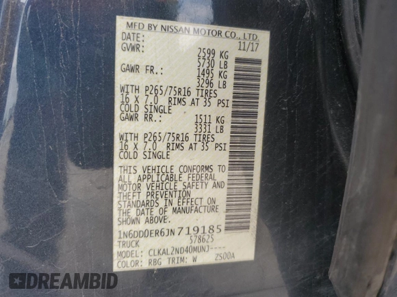 2018 Nissan Frontier SV z VIN 1N6DD0ER6JN719185, wystawiony jako Copart lot #54620055 z przebiegiem 83 301 mil mil oraz Szkoda całkowita • Salvage title. Historia ofert i sprzedaży dostępna na DreamBid. Obrazek 12.