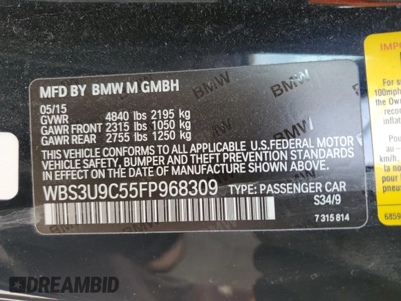 2015 BMW M4 z VIN WBS3U9C55FP968309, wystawiony jako Copart lot #52328155 z przebiegiem 60 459 mil mil oraz Szkoda całkowita • Salvage title. Historia ofert i sprzedaży dostępna na DreamBid. Obrazek 12.