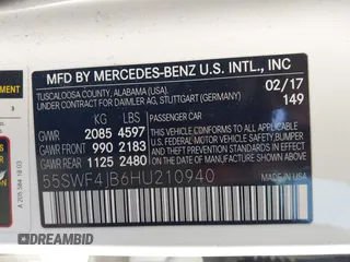 2017 Mercedes-Benz C 300 with VIN 55SWF4JB6HU210940, listed as a IAAI auction lot 41482598 with 101,135 mi miles and . Bid and sale history available at DreamBid. Image 8.