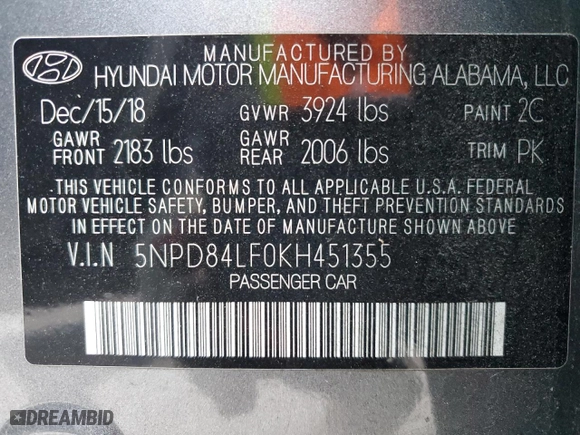 2019 Hyundai Elantra SEL with VIN 5NPD84LF0KH451355, listed as a Copart auction lot 87553415 with 65,498 mi miles and Non Repairable. Bid and sale history available at carsss.com. Image 12.