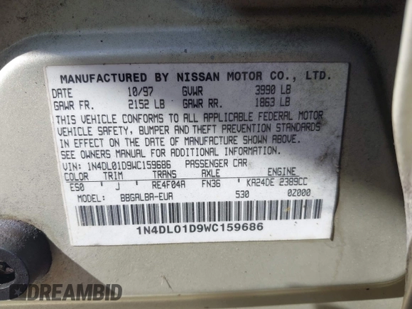 1998 Nissan Altima XE with VIN 1N4DL01D9WC159686, listed as a IAAI auction lot 42051686 with 219,699 mi miles and . Bid and sale history available at DreamBid. Image 9.