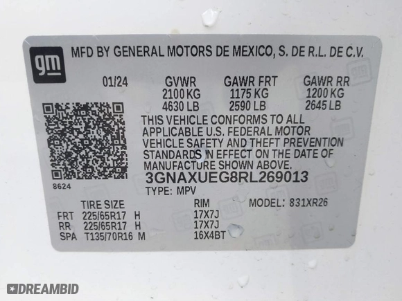 2024 Chevrolet Equinox LT with VIN 3GNAXUEG8RL269013, listed as a IAAI auction lot 41722753 with 18,833 mi miles. Bid and sale history available at carsss.com. Image 9.