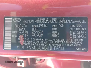 2022 Hyundai Tucson SEL z VIN 5NMJBCAE6NH157310, wystawiony jako IAAI lot #41938479 z przebiegiem 48 929 mil mil oraz . Historia ofert i sprzedaży dostępna na DreamBid. Obrazek 9.
