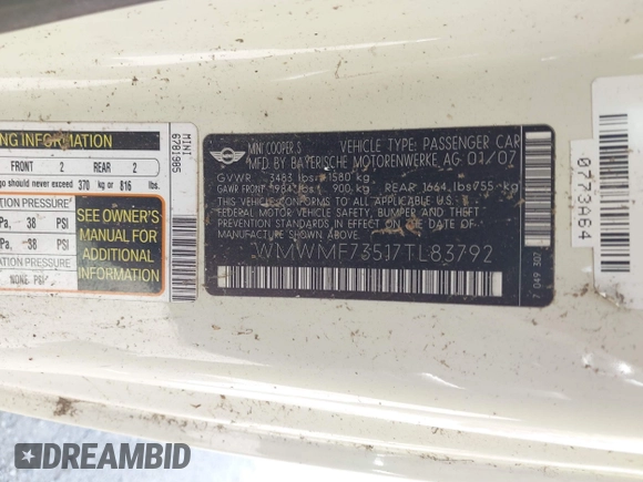 2007 MINI Hardtop S with VIN WMWMF73517TL83792, listed as a IAAI auction lot 42680017 with 135,631 mi miles and . Bid and sale history available at DreamBid. Image 9.
