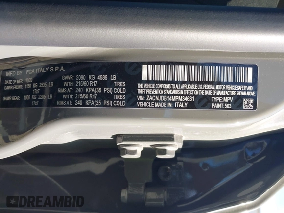 2021 Jeep Renegade Latitude with VIN ZACNJDB14MPM34631, listed as a IAAI auction lot 42043589 with 44,955 mi miles and . Bid and sale history available at DreamBid. Image 9.