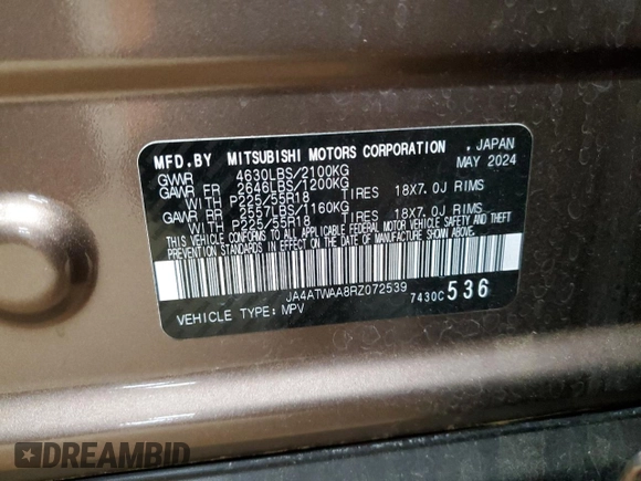 2024 Mitsubishi Eclipse Cross SE z VIN JA4ATWAA8RZ072539, wystawiony jako Copart lot #54919085 z przebiegiem 13 788 mil mil oraz Szkoda całkowita • Salvage title. Historia ofert i sprzedaży dostępna na DreamBid. Obrazek 13.