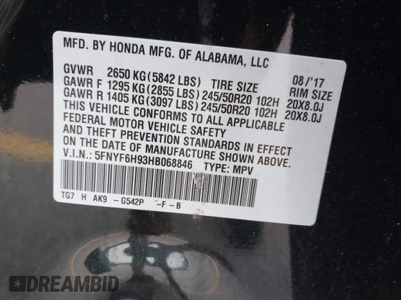 2017 Honda Pilot Touring with VIN 5FNYF6H93HB068846, listed as a IAAI auction lot 42083050 with 108,787 mi miles and . Bid and sale history available at DreamBid. Image 9.