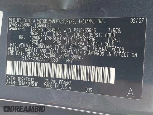 2007 Toyota Sienna CE with VIN 5TDZK23C77S030350, listed as a IAAI auction lot 42231747 with 218,321 mi miles and . Bid and sale history available at carsss.com. Image 9.