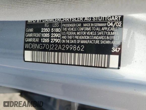 2002 Mercedes-Benz S-Class 4.3L with VIN WDBNG70J22A299862, listed as a Copart auction lot 71749794 with 0 mi miles and Non Repairable. Bid and sale history available at carsss.com. Image 12.