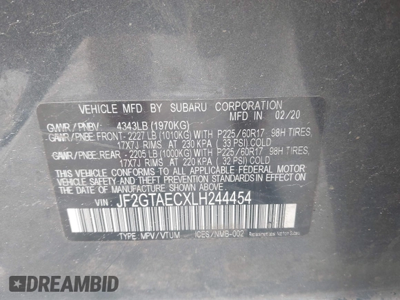 2020 Subaru Crosstrek Premium z VIN JF2GTAECXLH244454, wystawiony jako IAAI lot #42241319 z przebiegiem 100 193 mil mil oraz . Historia ofert i sprzedaży dostępna na DreamBid. Obrazek 9.