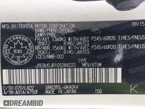 2016 Toyota 4Runner Limited with VIN JTEBU5JR1G5284223, listed as a IAAI auction lot 41904840 with 208,600 mi miles and . Bid and sale history available at DreamBid. Image 9.