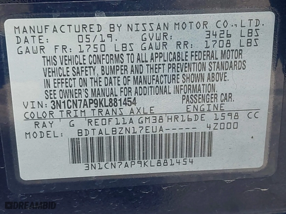 2019 Nissan Versa Sedan SV with VIN 3N1CN7AP9KL881454, listed as a IAAI auction lot 41911729 with 47,903 mi miles. Bid and sale history available at carsss.com. Image 9.