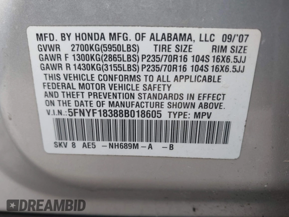 2008 Honda Pilot SE with VIN 5FNYF18388B018605, listed as a IAAI auction lot 41739400 with 333,305 mi miles and . Bid and sale history available at DreamBid. Image 9.