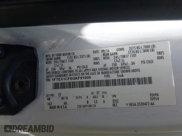2016 Ford F-150 XL with VIN 1FTEX1CF6GKF91909, listed as a IAAI auction lot 42495243 with 219,952 mi miles and . Bid and sale history available at DreamBid. Image 9.