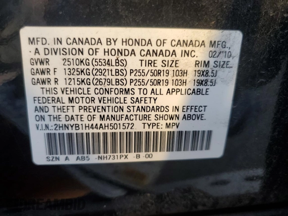 2010 Acura ZDX Tech Pkg with VIN 2HNYB1H44AH501572, listed as a Copart auction lot 52585975 with 151,253 mi miles and Salvage Title. Bid and sale history available at carsss.com. Image 12.