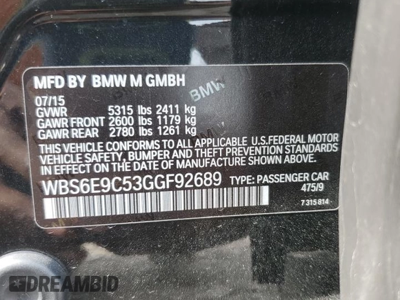2016 BMW M6 z VIN WBS6E9C53GGF92689, wystawiony jako Copart lot #60226324 z przebiegiem Nie podano mil oraz Szkody całkowita. Historia ofert i sprzedaży dostępna na DreamBid. Obrazek 12.