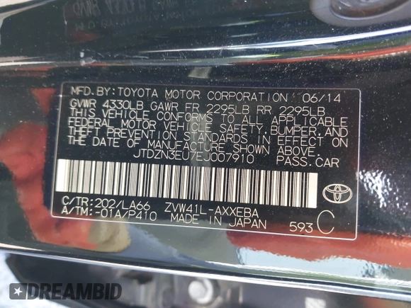 2014 Toyota Prius Two with VIN JTDZN3EU7EJ007910, listed as a IAAI auction lot 41929410 with 162,013 mi miles and . Bid and sale history available at DreamBid. Image 9.