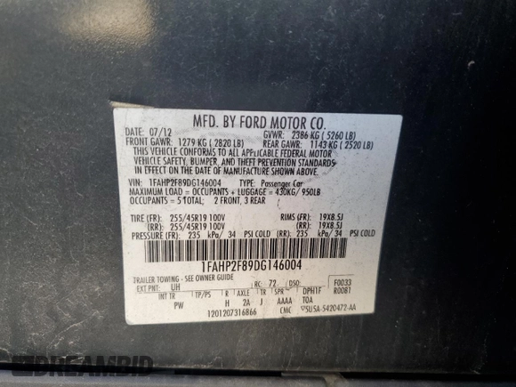2013 Ford Taurus Limited with VIN 1FAHP2F89DG146004, listed as a Copart auction lot 73048674 with 163,650 mi miles and Salvage Title. Bid and sale history available at DreamBid. Image 12.