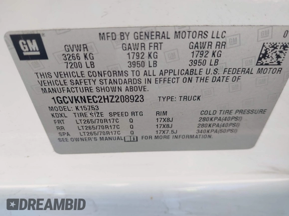 2017 Chevrolet Silverado 1500 Work Truck with VIN 1GCVKNEC2HZ208923, listed as a IAAI auction lot 41234814 with 176,543 mi miles. Bid and sale history available at carsss.com. Image 9.