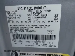 2013 Ford F-150 XL with VIN 1FTFW1EF1DFC24375, listed as a IAAI auction lot 41977313 with 326,090 mi miles. Bid and sale history available at carsss.com. Image 9.