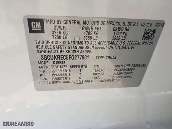 2015 Chevrolet Silverado 1500 LT with VIN 3GCUKREC5FG277881, listed as a IAAI auction lot 41867861 with 190,146 mi miles. Bid and sale history available at carsss.com. Image 9.